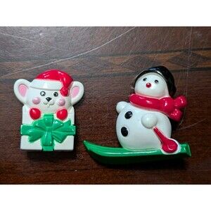 Vintage Avon Christmas Pins Lot - Mouse Present & Snowman Skis Holiday Brooches